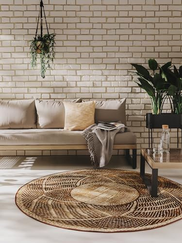 benuta Nest In- & Outdoor Teppich Artis - Gold 160 cm Rund - Strapazierfähig für Balkon, Terrasse, Garten - Küchenteppich & Wohnzimmerteppich - Botanical, Floral, Shabby Chic, Vintage, Abstrakt