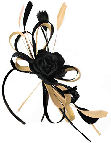 Sinamay Rose Large Wedding Fascinator Headband Aliceband Ladies Day Races Royal Ascot (Black and Gold Mustard)