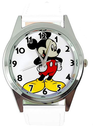Taport® Micky Mouse Fan Uhr Analog Quarz mit Echtlederarmband Weiß Rund