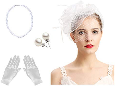 Fascinators Hüte 20er 50er Jahre Hut Pillbox Hut Cocktail Tee Party Kopfbedeckung mit Schleier für Mädchen und Frauen, D-weiß Set, Einheitsgröße