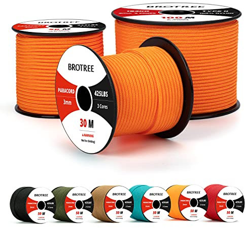 Brotree Paracord 3mm 50M 100% Nylon Seil Schnur Typ II Paracord 425 mit 3 Kern für Survival, Outdoor, Armband, Basteln - Bruchlast 192kg (Orange)