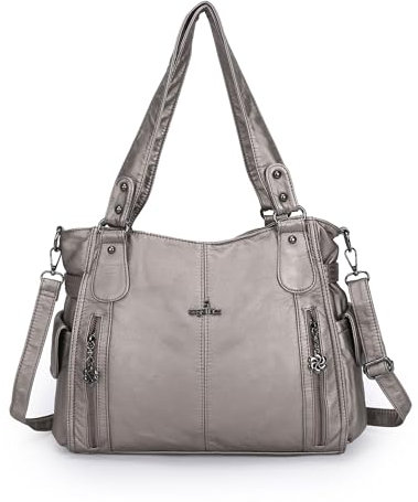 AngelKiss Handtasche Damen Schultertasche Multifunktionale Umhängetaschen Gewaschenes Veganes Leder Wasserdicht mit Reißver Schlusstaschen Reißverschlusstasche (Zinn)