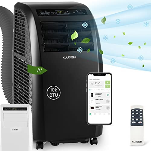 Klarstein Metrobreeze Rome Condizionatore Portatile - 10000 BTU, 29-49 m², Smart App & Alexa, 3 Modalità, Timer 24h, Telecomando, Classe A+, Rotelle, Tubo di Scarico Incluso, Nero