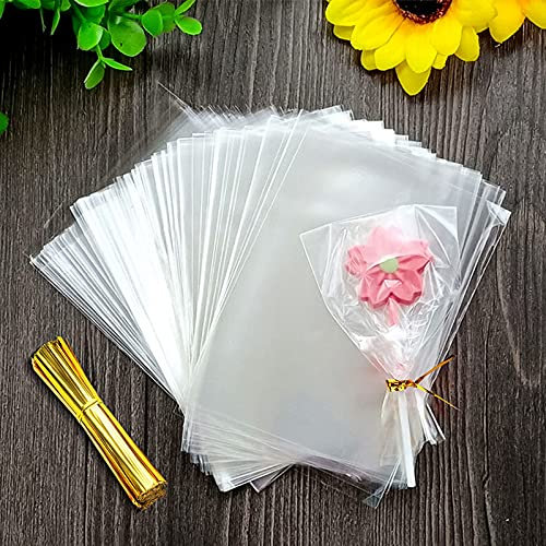 Zhenle Cellophantüten Klein Klar, 200 Stück 10 x 15 cm, Polypropylen, Transparent, mit Metallbändern, Einweg, Zellophan mit OPP-Beschichtung, für Süßigkeiten, Schokolade, Kekse, Geschenke