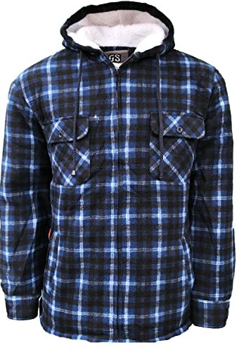 Whispering Jones London Mens Lumberjack Sherpa Fur Fleece Lined Hoodie Jacket Hooded Work Padded Shirt, Blue Hoodie, L