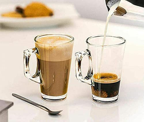 Café - Vasos de café con mango curvo, aislados, transparentes, resistentes a la temperatura, ideal para beber café con leche, capuchinos y otras bebidas calientes, té con leche, helado (2, 240 ml)