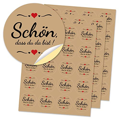 DPKOW 60 Schön, DASS du da bist Aufkleber mit Herz, Rund Begrüßung Gastgeschenk Sticker für Geburtstag Taufe Konfirmation, Tischkarte Geschenkaufkleber für Hochzeit Babyparty Geschenkverpackung Danke