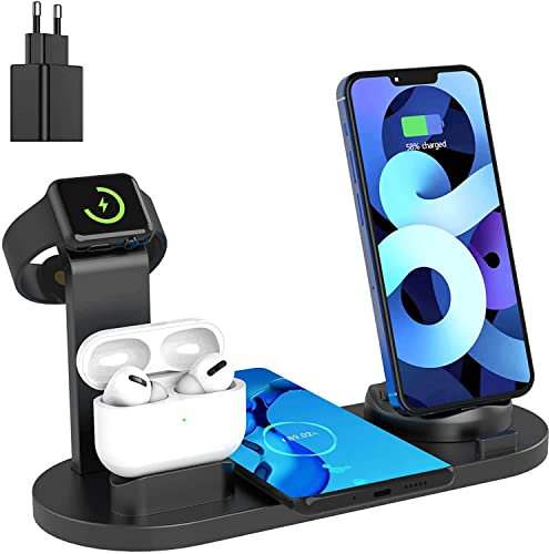 Jisile Kabelloses Ladegerät, Einschulung Geschenk 4 in 1 18w Wireless Charger Kompatibel mit iPhone 11 12 13 14 Pro Max/XS/XR/X/8+, Induktive Ladestation für Apple Watch, AirPods Pro/2/3