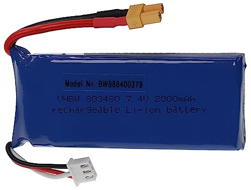 vhbw Akku kompatibel mit XT30 Stecker für Modellbau z.B. Racing Car, Helikopter, Flugzeug (2000mAh, 7,4V, Li-Polymer, 84 x 34 x 20 mm)