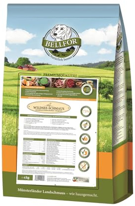 Bellfor Wildsee-Schmaus Hochwertiges Getreidefreies Hundetrockenfutter mit Ente mit hoher Verdaulichkeit ohne tierische Nebenerzeugnisse (4 kg) - Hundefutter mit hohem Fleischanteil.