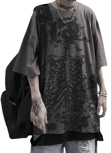 Women Men Y2K T Shirt Skeleton Emo Grunge Oversized Gothic Tee Graphic Streetwear Techwear Alt Baggy Dark Academia, Black, Medium