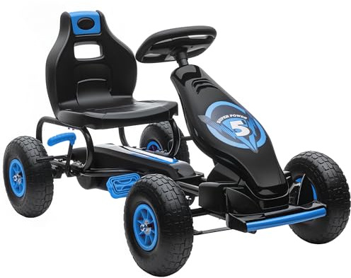 HOMCOM Go Kart a Pedali per Bambini da 5-12 Anni con Sedile Regolabile e Ruote in Gomma Gonfiabili Ammortizzate, Blu