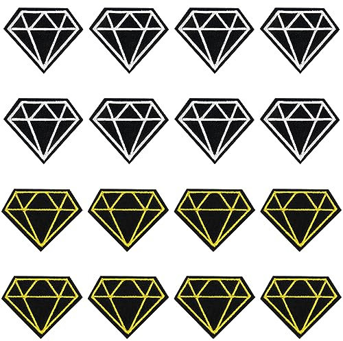 JKJF 16 Pcs Diamond Embroidery Patches - Black Gold & Silver - Geometric Metallic - Iron On & Sew On - Diamond Shaped - Fabric Applique Patches