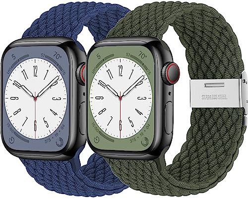2Pcs Tressée pour Bracelet Apple watch serie 9/8/7 45mm 41mm 6 5 4 se 40mm 44mm iWatch 3 38mm 42mm Homme/Femme,Sport Boucle unique Nylon Elastique pour Apple watch Ultra/2 49mm Band