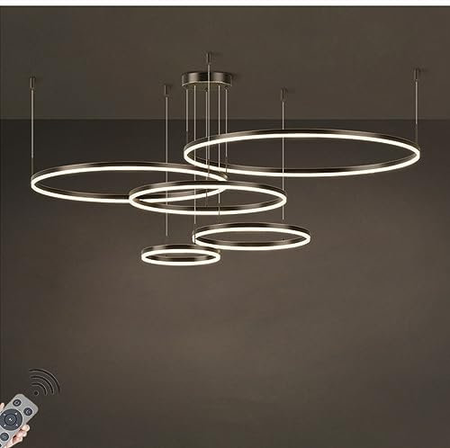LED-Pendelleuchte Modern Dimmbar Hängeleuchte Ring Kreis Hängelampe Esstisch Pendellampe Aluminium Kronleuchter Deckelampe Für Wohnzimmer ( Color : Schwarz , Größe : 5 rings/100+80+60+40+20CM/148W)