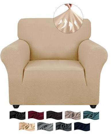 CYCMACO High Stretch Sofa Überzug 1 Sitzer, Sesselhusse rutschfest, Couch Bezug Elastischer, Jacquard Sofahusse Mit Armlehnen, Universal Sofa Covers, Couchüberzug Waschbare, Beige Gelb