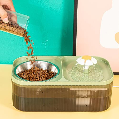 Cat Water Fountain and Food Bowl Ultra Quiet Water Fountain for Cats Food and Water Dispenser Set Automatic Pet Fountain Dog Water Dispenser and Stainless Steel Bowl(Green)