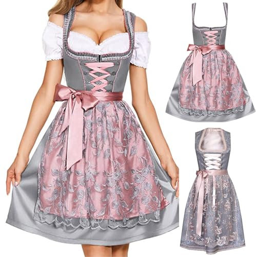 Dirndl Damen 3 Teilig - Trachtenkleid Dirndlkleid Trachten Kleid + Dirndlbluse+Schürze Grosse Grössen Dirndel Trachtenmode Dirndl & Dirndl-Sets für Frauen Mädchen Oktoberfest Outfit S-5XL