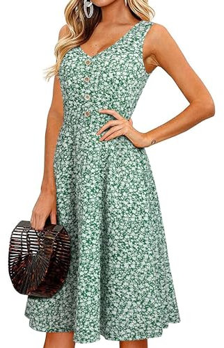II ININ Women's Summer Midi Sundress V Neck Sleeveless Button Floral Beach Vacation Tank Dress Pockets(Floral-Green,L)