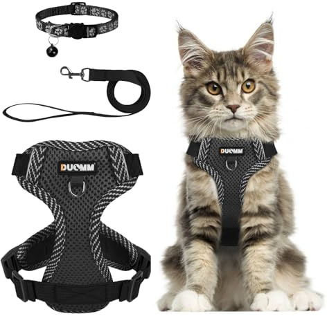 Muecleao Katzengeschirr mit Leine, Ausbruchsicher, Schwarz, S | Atmungsaktives Mesh, Reflektierende Streifen, 4 Verstellbare Gurte, Mit Leine und Glöckchen-Halsband, Ausbruchsicher