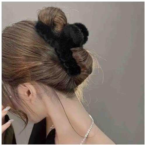 Dervivea Winter Plüsch Haar Kralle Clip Flauschig Fuzzy Haar Kralle Barrette Schwarz Pelz Haar Kralle Klammer Dick Nicht Rutschen Haarspange Kralle Kunstpelz Haarclips Dekorative Haar-Accessoires