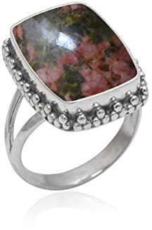 Veracity Jewelry 925 Sterling Silver Gemstone Statement Rings – Gift For Birthday Wedding Anniversary Mother's Day Ring – Vintage Boho Style Handmade Gifts (Unakite Jasper)