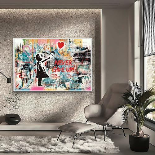 Blue Booms Never Give Up Banksy Girl with Balloon Street Art Graffiti Verre acrylique Cadre blanc 60 x 40 cm