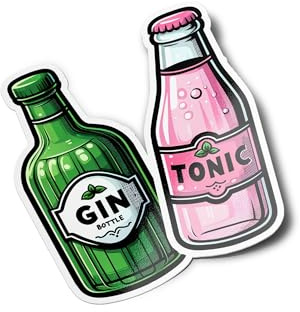 Gin & Tonic Bottle Stickers - Cute Cartoon Style, Cockail Aperitif, Water & UV Resistant, Green & Pink Deco - 7 cm