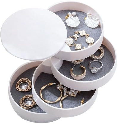 Runde Form SchmuckkäStchen, 4 Ebenen Drehbar Schmuckschatull, 10×10cm Schmuck Organizer, SchmuckkäStchen MäDchen für Ringe Ohrringe Halskette Mädchen(Weiß)