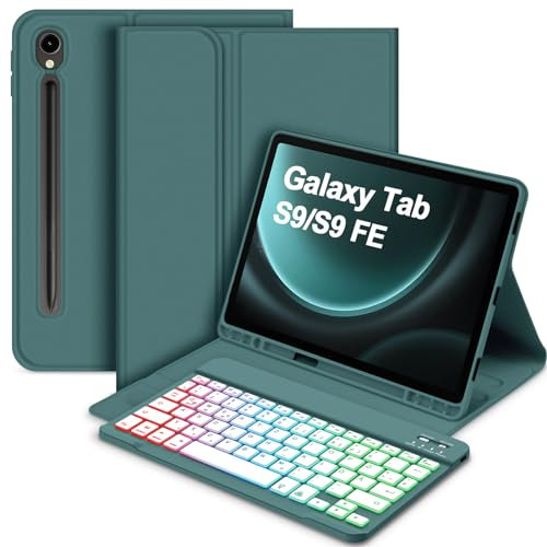 Bettdow für Samsung Galaxy Tab S10 FE 10,9 2025 Tastatur Hülle, QWERTZ Layout Abnehmbarer Beleuchtete Tastatur mit Hülle für Galaxy Tab S10 FE 10,9 Zoll/ S9 FE 10,9 Zoll/ S9 11 Zoll, Dunkelgrün