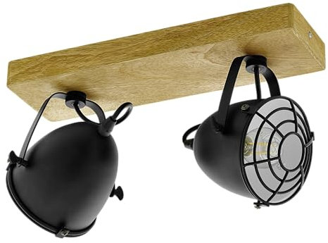 EGLO Deckenlampe Gatebeck, 2 flammige Deckenleuchte Vintage, Industrial, Retro, Deckenstrahler aus Stahl in Schwarz und Holz in Natur, Wohnzimmerlampe, E14 Fassung, FSC zertifiziert
