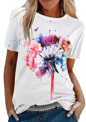 Tuopuda Damen Oberteile Sommer T Shirt Kurzarm mit Rundhalsausschnitt Bunte Blumen Drucken T-Shirt Tee Tops Pullover Teenager Mädchen Pulli Tunika Freizeit T Shirts, Weiß- Buntes Löwenzahn, M