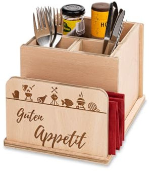 INEXTERIOR Grillbox aus Holz - Geschenk für Männer - Tischdeko - Serviettenhalter - Besteckbox - Serviettenringe - Saucenbox - Besteckhalter - Grill (Besteckkasten Groß, Guten Appetit!)