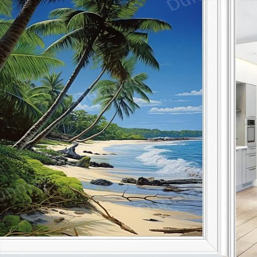 Fensterfolie, Motiv: Aquarell, Palme, rustikale Pflanzen, Küsten, Natur, Pflanzen, statische Haftung, Fensterfolie, Fenster, Fenster, Glas, dekorative Türabdeckung, Sonnenschutz, 45 x 60 cm