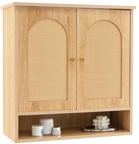 COSTWAY Bathroom Wall Cabinet, Wooden Storage Cupboard with 2 Rattan Doors & Open Shelf, Wall Mounted Medicine Cabinet Unit for Laundry, Kitchen, Living Room and Hallway, 62.5 x 28 x 65cm, Natural