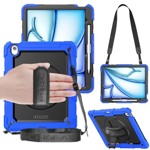 TECHGEAR Utility Rugged Schutzhülle für iPad Air 13 Zoll 2026 (M4), 2025 (M3), 2024 (M2) – robuste, stoßfeste Abdeckung mit 360° drehbarem Ständer, Handschlaufe, Schultergurt + 2 Frontrahmen