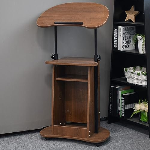 Height Adjustable Mobile Laptop Podium Stand with Storage Shelf - Sit-to-Stand Desk for Speaking Lectern, Portable Pulpit Podium with Tilting Desktop and Edge Stopper