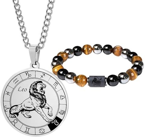 Caimeytie herren Sternzeichen Halskette und Armband Set- Sternbild halskette edelstahl-Münzanhänger-Elastisches Perlenarmband-Geburtstagsgeschenk Schmuck (Löwe (Geburtsdatum:7/23-8/22))