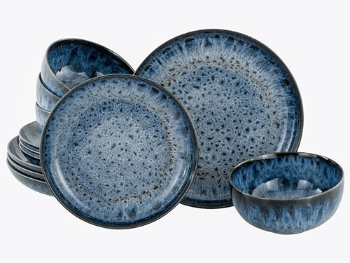 CreaTable, 21912, Serie Allround Magic Blue, 12-teiliges Geschirrset für 4 Personen, Teller Set aus Steinzeug, spülmaschinen- und mikrowellengeeignet, Made in Europe