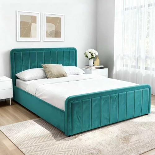 Comfy Living 4ft6 Double Ottoman Bed Frame with Gas Lift Storage, Crush Velvet Upholstered Bed Frame with Headboard and Wooden Slat Support,Green