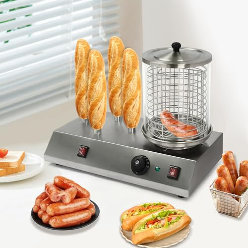 Hot-Dog-Maker Hot Dog WäRmer Maschine BockwurstwäRmer WüRstchenwäRmer Elektrischer Maker Wurstkocher Steak Brote 4 SpießE GeräT Erhitzer BröTchen Toaster Und Mit WäRmespießEn Edelstahl 494W 220V