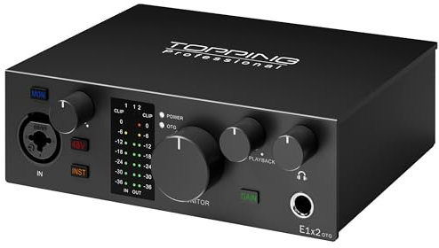 Topping Professional E1x2 OTG, Interfaz de audio profesional con conexión OTG, amplificador de auriculares (Negro)