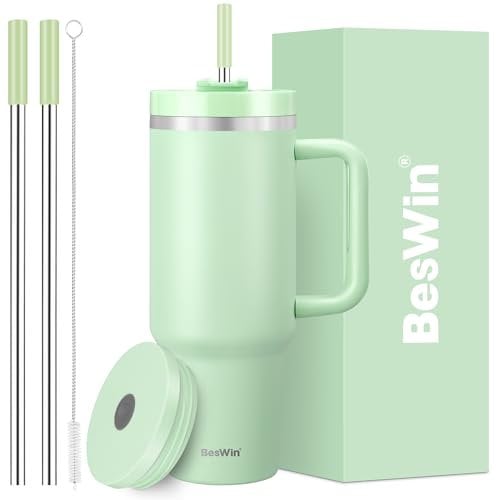 40 oz Tumbler with Handle and Straw, 2 Lids (2 in 1 & Leakproof Lid) - Vacuum Insulated Stainless Steel Double Wall Water Bottle Travel Coffee Mug - Holiday Gifts for Women Men - Light Green