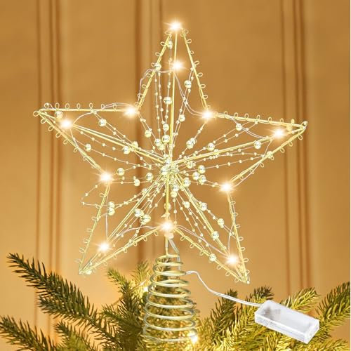 Weihnachtsbaumspitze, 11,8 Zoll Christbaumspitze, Weihnachtsbaum Spitze Stern, Weihnachtsdeko mit 10 LED Glitzernd Perle, LED Stern Tannenbaum Deko, Batteriebetrieb Durchbrochen Christbaumschmuck