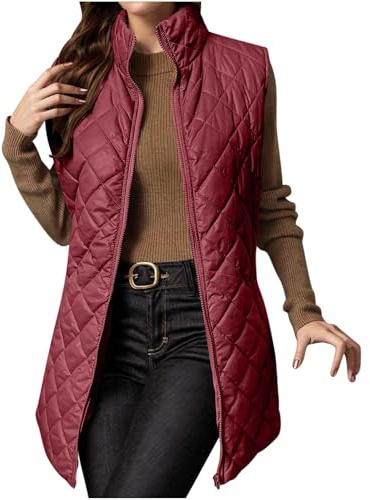 OVARA Women's Quilted Gilet Longline Stand Collar Lightweight Zip Padded Vest Thermal Comfy Casual Plain Puffer Gilets Ladies Body Warmers Long Sleeveless Jacket