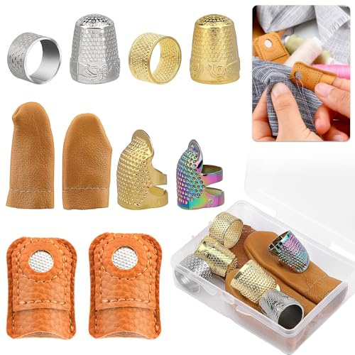 10PCS Sewing Thimbles, Sewing Thimble with Storage Box | Finger Protector, Adjustable Metal Sewing Thimble Rings and Leather Thimble, Sewing Tools Needlework