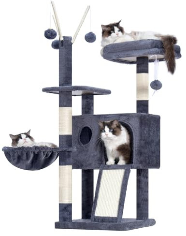 Hey-brother Petit Arbre à Chat, Stable, 105 cm, avec Jouets Amovibles, Grotte, 1 Plateforme, 1 Panier pour Chat, Plateau à griffer en sisal et Boule en Peluche, Convient aux Chatons, Gris fumé