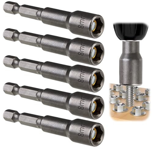 5Pcs 1/4 Hex Shank 8mm x 65mm Magnetic Nut Setter Driver Drill Bit Set, Quick-Change Metric Socket Bits for Impact Tools, Electric Screwdriver, Auto Repair, Woodworking, Machine Maintenance