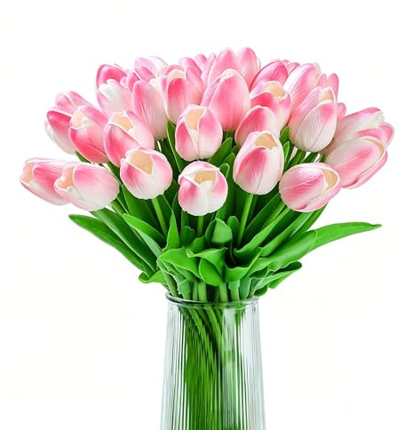 XIANNVXI 20 Pcs Artificial Light Pink Tulips Flowers Silk Tulips Decorative Fake Faux Pink Flowers for Spring Wedding Party Indoor Home Rome Office Decor 14 Inch