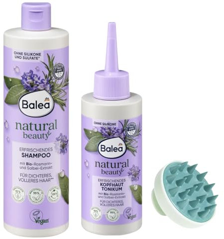 Balea 2er-Set : Shampoo Natural Beauty Erfrischende Kräuter, 400 ml + Kopfhaut Tonikum Natural Beauty, 150 ml + Kopfhaut Massagebürste